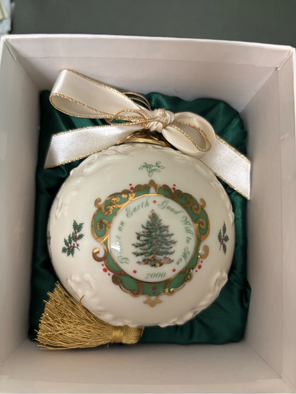 Spode White Porcelain Christmas Tree Ornament with Green and Gold Accents